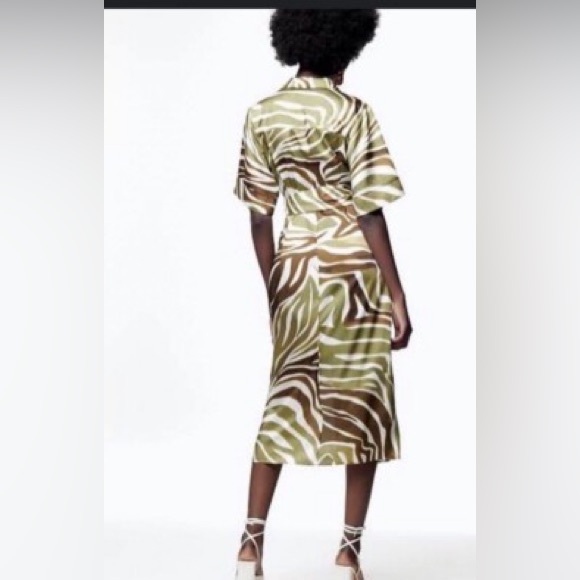 Zara Animal Print Shift Midi Dress Medium V Neck Belted Notched Collar Faux Wrap - Picture 8 of 17